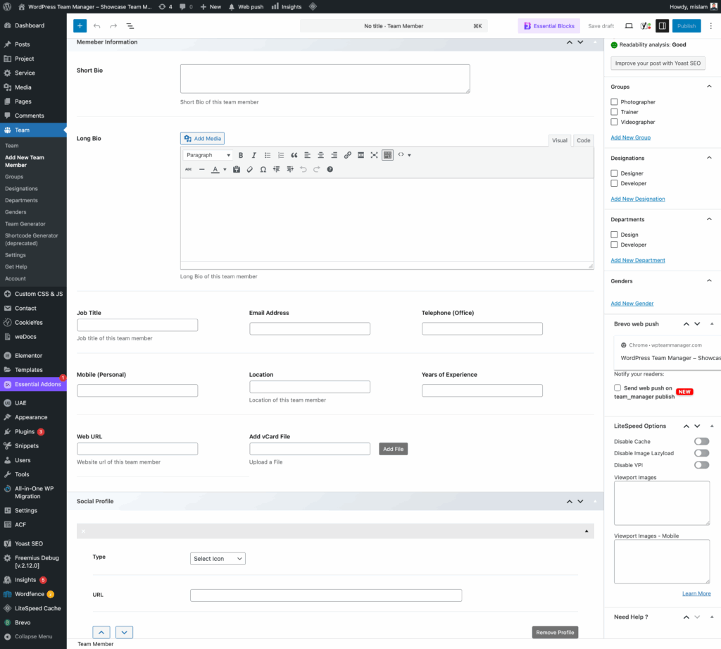Wordpress team manager Add/Edit Member